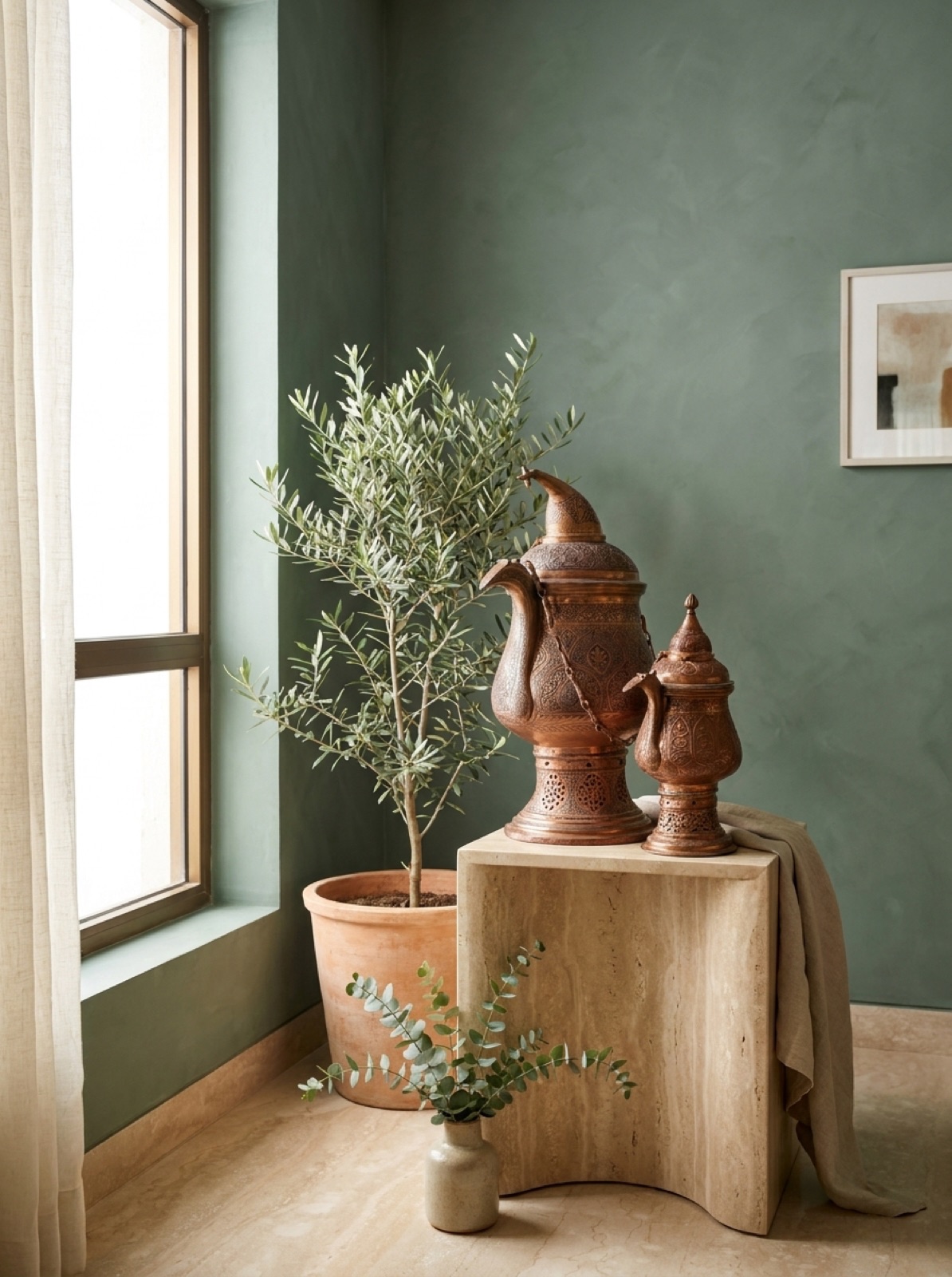 Heritage copper samavars in a portrait composition