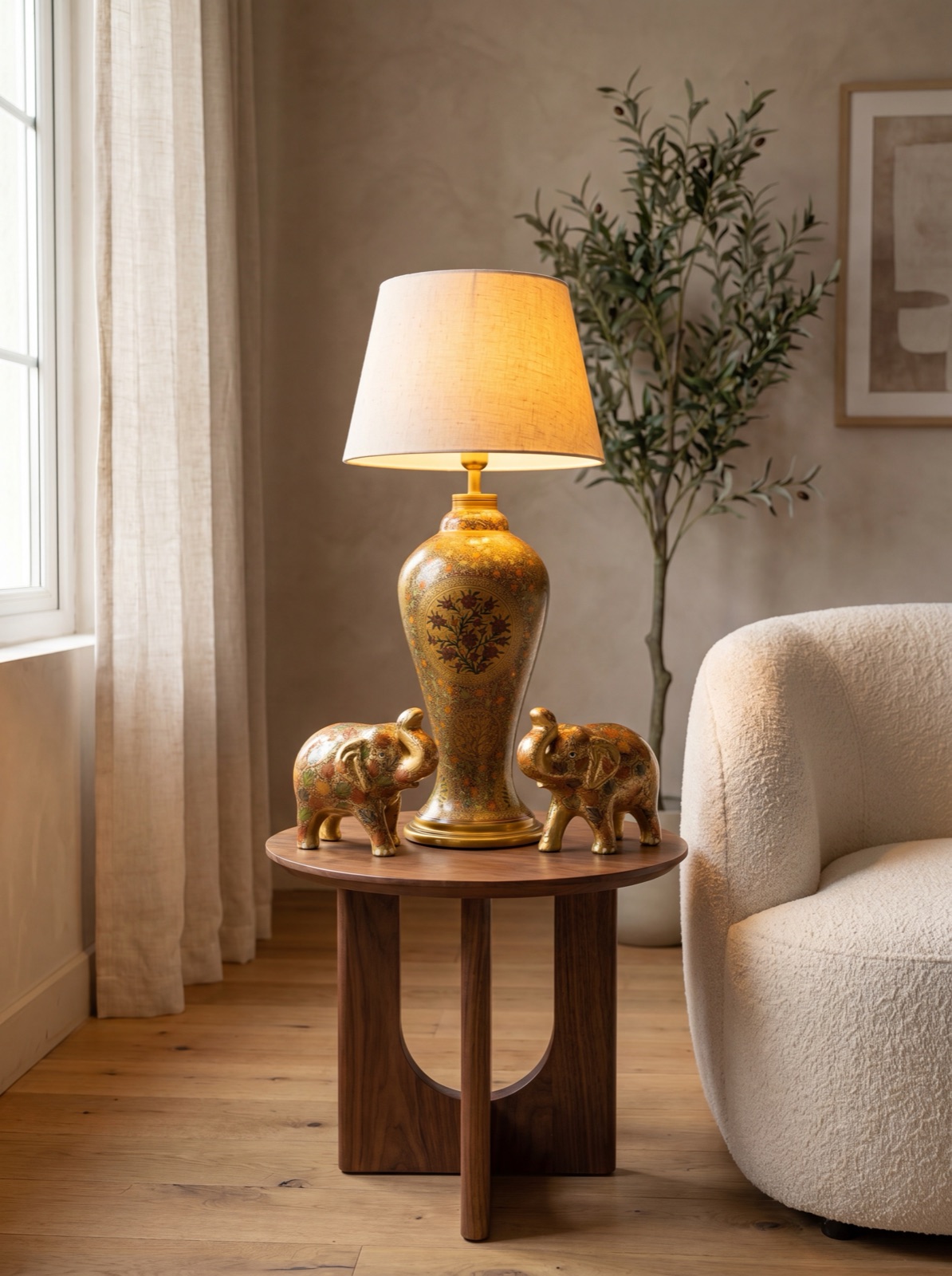 Gold leaf elephants and lamp