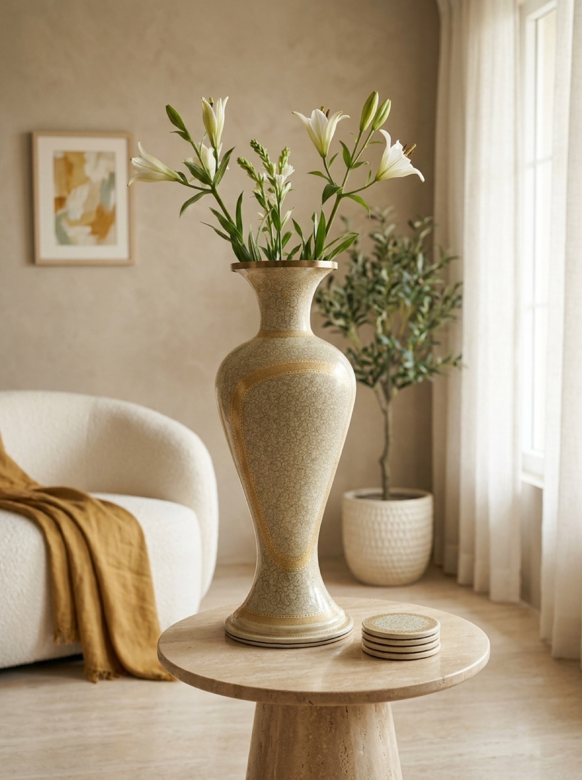 Ivory paisley vase with painted coasters