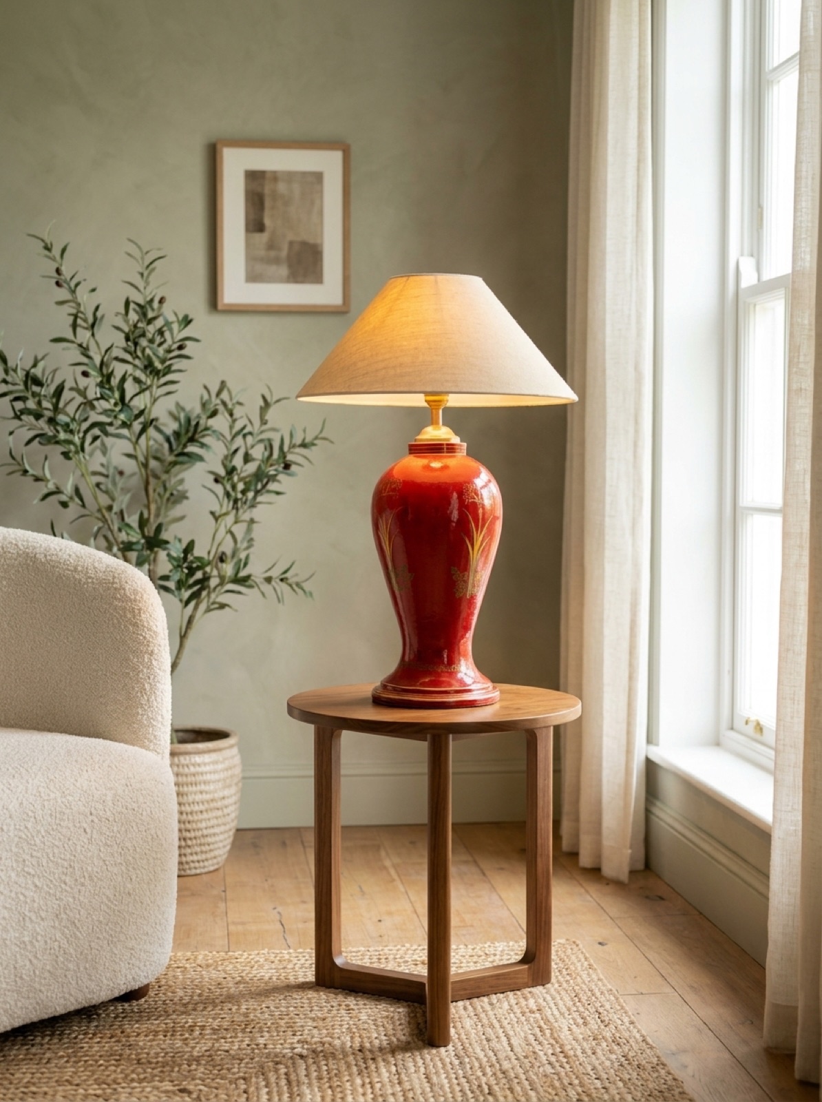 Red hand-painted lamp in a modern interior