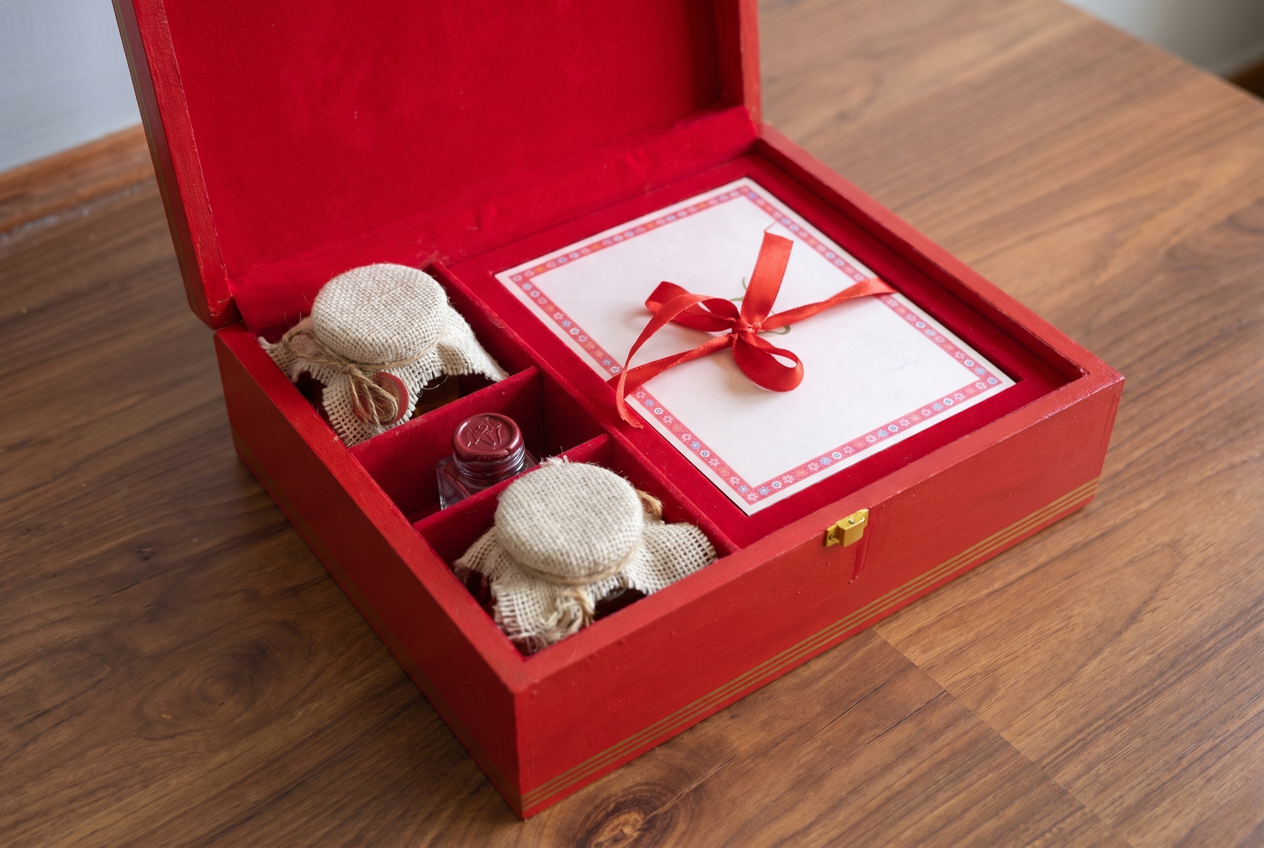 Open invitation box showing printed card and condiments