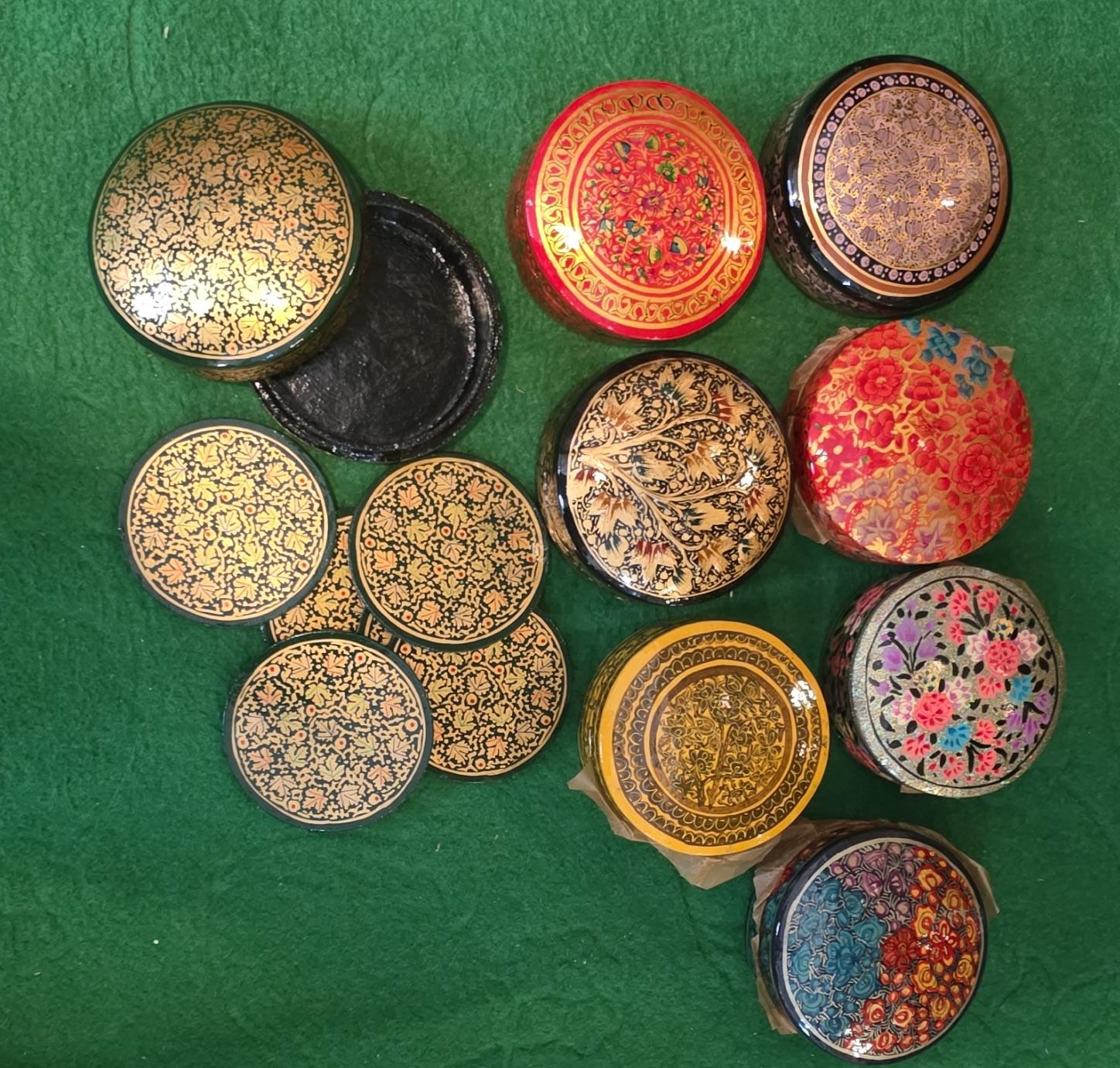 Set of five hand-painted Kashmiri coasters with a holder box